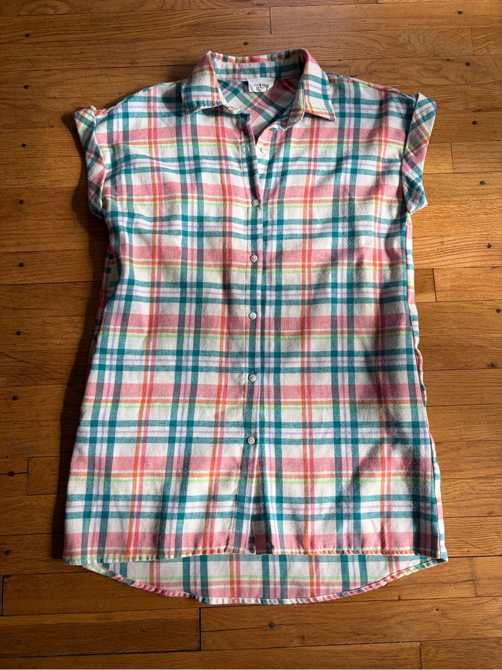 ANDREE BY UNIT Teal, Pink & Cream Plaid Short-Sleeve Button-Down size small Y2K